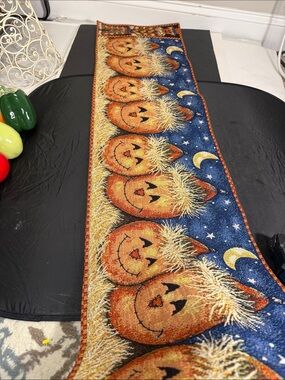 Festive Pumpkin Jack-O'-Lantern Table Runner - Orange & Blue tapestry